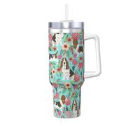 DUWAA Vaso de paja con estampado floral de Sweet Basset Hound de 40 onzas, apto para portavasos, vaso a prueba de fugas con asa