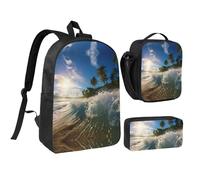 DUWAA Water Rush to Tropical Beach 2 - Mochila estampada de 3 piezas, incluye bolsa grande de 17 pulgadas con bolsa de almuerzo y práctica bolsa para bolígrafos, Negro -, Talla única