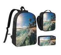 DUWAA Water Rush to Tropical Beach - Mochila con estampado de playa tropical, 3 piezas, incluye bolsa grande de 17 pulgadas con bolsa de almuerzo y práctica bolsa para bolígrafos, Negro -, Talla única
