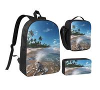 DUWAA Water Rush to Tropical Beach - Mochila estampada de 3 piezas, incluye bolsa grande de 17 pulgadas con bolsa de almuerzo y práctica bolsa para bolígrafos, Negro -, Talla única
