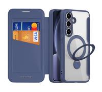 DUX DUCIS Funda para Samsung Galaxy S25 con MagSafe, Soporte Magnético de Giro de 360? Funda de Piel Sintética Tapa y Bloqueo RFID, Transparente a Prueba de Golpes (Azul)