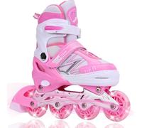 DUZSKJ Patines en línea Ajustables para niños y niñas con Ruedas de iluminación, Patines Ajustables para niños, para Principiantes, niños, Juegos al Aire Libre en Interiores (Rosa & Blanco, S)