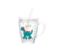 Dvagoent 350ml Vaso para Agua Graduado Cute Cartoon, Taza con Tapa, Pajita y Pincel para Pajitas (Dinosaurio)