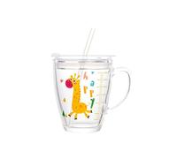 Dvagoent 350ml Vaso para Agua Graduado Cute Cartoon, Taza con Tapa, Pajita y Pincel para Pajitas (Jirafa)