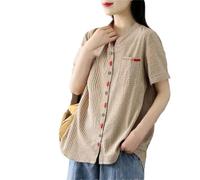 Dvbfufv Blusa de manga corta para mujer, con estampado de rayas bordadas, estilo vintage, para verano, cuello alto, holgada, caqui, L