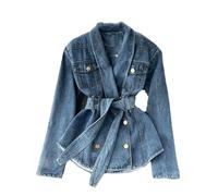 Dvbfufv Chaqueta vaquera coreana con cuello en V y cintura para mujer de otoño, azul, S