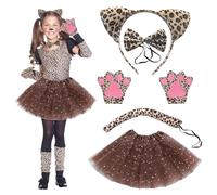 DVDGSC Disfraz Cosplay Gato Niña: Disfraz Gato Conjunto Animales- Leopardo Tutu Falda Diadema Orejas de Gato Pajarita Cola Guantes de Pata - Disfraz de Animales Niños para Carnaval Halloween Fiesta