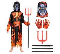 DVDGSC Halloween Disfraz de Esqueleto: Disfraz de Diablo para Niño - incluye Túnica con Capucha Guantes Máscara de Cráneo Tridente - Perfecto para Cosplay de Halloween Carnaval Fiestas (M)