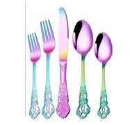 dvegGEE Juego de Platos, Cubiertos, Juego de Cubiertos de Acero Inoxidable de 5 Piezas, Cubiertos Retro en Relieve, 5 Piezas Principales for 1 Persona, Cuchillo for Carne, Tenedor, Cuchara(Rainbow)