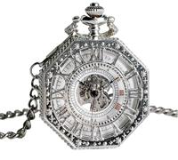 dvegGEE Reloj de Bolsillo mecánico de Cuerda Manual con Cadena Octogonal y Esqueleto Tallado for Hombre