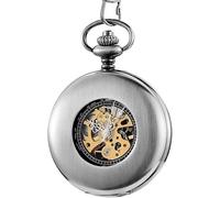 dvegGEE Reloj de Bolsillo mecánico Retro Plateado y Negro Liso, de Cuerda Manual, con números y Esfera y Cadena.