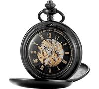 dvegGEE Reloj de Bolsillo mecánico Retro Plateado y Negro Liso, de Cuerda Manual, con números y Esfera y Cadena.