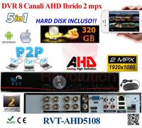 DVR 8 Canales Híbrido 5 IN 1 Salida Vídeo HDD 320GB Híbrido P2P Nube Top Full HD