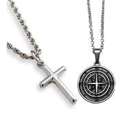 DVRK Conjunto Collares Plata Hombre con Base Acero Inoxidable 316L - Collares Hombre Plata - Resistentes al Agua - Collar Cruz - Collar Brújula - Crucifijo (Pack Cruz Bussola)