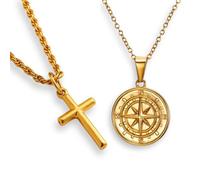 DVRK® Pack 2 Collares Hombre Bañados en Oro 18k con Base Acero Inoxidable 316L - Cadena Oro Hombre Cruz y Collar Brújula Resistentes al Agua - Colgante, Regalos