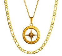 DVRK® Set Regalo Hombre 2 Collares en Caja Joyería - Pack 2 Cadenas Bañadas en Oro 18k sobre Base de Acero Inoxidable 316L - Regalo Novio, Pareja, Padre, Papa (Pack Cadena Figaro y Collar Compass)