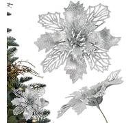 Dwafill Flores para Arbol de Navidad, 15 Piezas 14 * 14CM Flores Rojas Arbol Navidad, Se Puede Colgar, Sujetar o Pegar (Plateado)