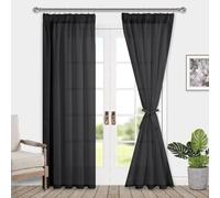 DWCN Cortinas de voile con cinta fruncida, aspecto de lino, 2 unidades, semitransparentes, cortinas para salón, cortinas transparentes, negro, 225 x 140 cm (alto x ancho)
