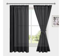 DWCN Cortinas de voile con cinta fruncidora aspecto de lino, 2 unidades, semitransparentes, para salón, cortinas transparentes cortas, negras, 160 x 140 cm (alto x ancho)