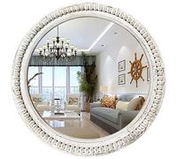 dwellington Espejo de pared redondo rústico, espejo circular de madera de 24 pulgadas con cuentas, espejo decorativo de granja para sala de estar, dormitorio, cocina, entrada (blanco)