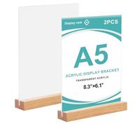 Dwitkul 2 Piezas Soporte Acrílico A5 Expositores de Mesa con Base Madera Exhibición de Menú en forma de T Expositor Publicitario Doble Cara para Restaurante Hotel Oficina y Tienda (21 x 15cm)