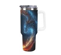 DWTJKMS Vaso de acero inoxidable con diseño de dragones de fuego y hielo, de 1,134.0 g, a prueba de fugas, gran capacidad, con pajilla, doble pared, aislado al vacío, reutilizable, mantiene el frío o