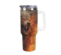 DWTJKMS - Vaso de acero inoxidable de lobo salvaje en el fuego, 40 onzas, a prueba de fugas, gran capacidad, con asa, popote de doble pared, con aislamiento al aspiradora, reutilizable, mantiene el