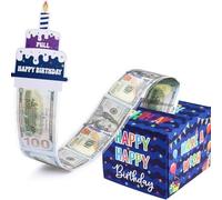 DWUENT Hucha azul de cumpleaños, caja extraíble para regalo en efectivo con calcomanías de bricolaje, soporte para rollo de dinero para adolescentes, regalos sorpresa de fiesta de cumpleaños