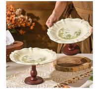 Dxcaicc Plato De Frutas De Cerámica Soporte para Pastel Patrón De Lirio del Valle Verde Soporte Europeo De Madera para Decoración De Mesa De Té De La Tarde,2 Piece Pack
