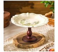 Dxcaicc Plato De Frutas De Cerámica Soporte para Pastel Patrón De Lirio del Valle Verde Soporte Europeo De Madera para Decoración De Mesa De Té De La Tarde,1 Piece Pack