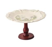 Dxcaicc Plato De Pastel De Cerámica con Pie De Madera Vintage Y Lirio del Valle Verde, Plato De Postre con Base, Bandeja para Servir con Borde Festoneado para Frutas Y Pasteles