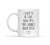 Dxcvbrds Taza con texto en inglés "I Used to Be Cool Now I'm A Tiny Canine's Snack", regalo divertido para mamá, divertida taza de café para nueva mamá, amante de los perros