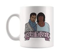 Dxcvbrds Treat yo Self - Taza de café con texto en inglés "Parks and Rec", Leslie Knope, Ron Swanson, The Worst, Andy Dwyer, April Ludgate, Tom Haverford, Donna Meagle, 325 ml, color blanco
