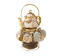 DXEHSEUY Juego de té de porcelana, taza de café, platillo, cucharas, tetera y estante de almacenamiento