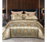 DXHOME Juego de ropa de cama 220x240 cm, color dorado, satén, estilo barroco, liso y brillante, 3 piezas, lujoso, moderno, jacquard, para camas estándar de matrimonio, funda nórdica con cremallera y 2
