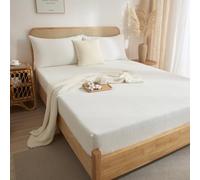DXHOME Muslin Sábana bajera ajustable de algodón blanco, 180 x 200 cm, sábana bajera de muselina, 180 x 200 cm, para cama doble, para colchón alto, de hasta 25-30 cm