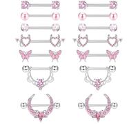 DXiongW 7 Pares 14G Piercing Pezon Acero Quirúrgico para Mujer 16mm Barra de Lengua Acero Inoxidable CZ Corazón Mariposa Rosa Anillos para Pezón Juego de Piercing Cuerpo Joyería Mujer
