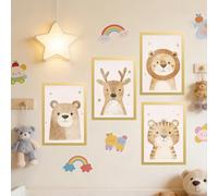 DXiongW Juego de 4 Póster Habitación Infantil Póster Animales con Dorado Marco Magnético Adhesivo A4 21x30 Imágenes Decoración para Habitación Bebé Cuadros Pared Animales del Bosque para Niños y Niñas