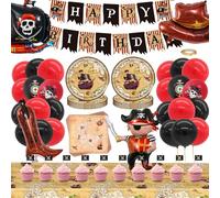 DXLing 81 Piezas Decoración Cumpleaños Pirata Set con Gran Globo de Barco Pirata Platos de Papel Servilletas Pancarta Globos Topper Kit Fiesta Infantil Decoración Pirata para 20 Invitados