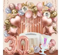 DXLing Decoración para 30 cumpleaños para niña oro rosa, decoración de cumpleaños de 30 años con corona, globos, pancarta, cortina de oropel con purpurina, remolinos colgantes