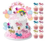 DXLing Set de Decoración para Tartas de Unicornio con Muñeca Niña en Unicornio, Topper Happy Birthday, Arcoíris, Arco con Pompones Rosa, Estrellas, Globos & Unicornios Brillantes para Cumpleaños Niñas