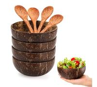 DXQCHDUO Cuencos de concha de coco pulidos, juego de 4 cuencos y cucharas de coco, juego de cuencos de coco hechos a mano, cuencos para batidos, postres y ensaladas de frutas, tazón de arroz y ramen,