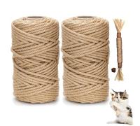 DXRPO Cuerda de sisal para árbol rascador, 2 unidades, 6 mm, 60 m, cuerda de sisal natural, cuerda de sisal natural para gatos, trae un bastón de patas de gato, cuerda rascadora, accesorios para gatos