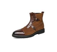 DXSYGMBN Botas de Vestir para Hombre Cuero y Gamuza Patchwork Botines de Negocios con Doble Hebilla y Cremallera Lateral Casuales,Marrón,46 EU