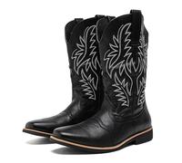 DXSYGMBN Hombres Elegante Bordado Botas Vaqueras Occidental Tacón Punta Antideslizante Pantorrilla Botas,Negro,44 EU