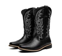 DXSYGMBN otas de Vaquero Western para Hombre Retro Bordado Botas de Media Caña Punta Cuadrada Cuero Sintético Botas de Moto para Trabajo Fiesta,Negro,43 EU