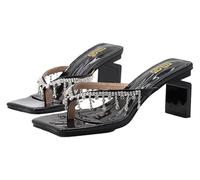 DXZXDJIU Chanclas de tacón grueso con diamantes de imitación for mujer: sandalias cuadradas de punta abierta for playa y uso informal.(Black,39)