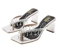 DXZXDJIU Chanclas de tacón grueso con diamantes de imitación for mujer: sandalias cuadradas de punta abierta for playa y uso informal.(Silver,36)