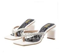 DXZXDJIU Chanclas de tacón grueso con diamantes de imitación for mujer: sandalias cuadradas de punta abierta for playa y uso informal.(White,41)
