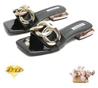 DXZXDJIU Sandalias de tacón grueso for mujer con cadena decorativa - Sandalias de playa informales de verano con punta abierta(Black,35)
